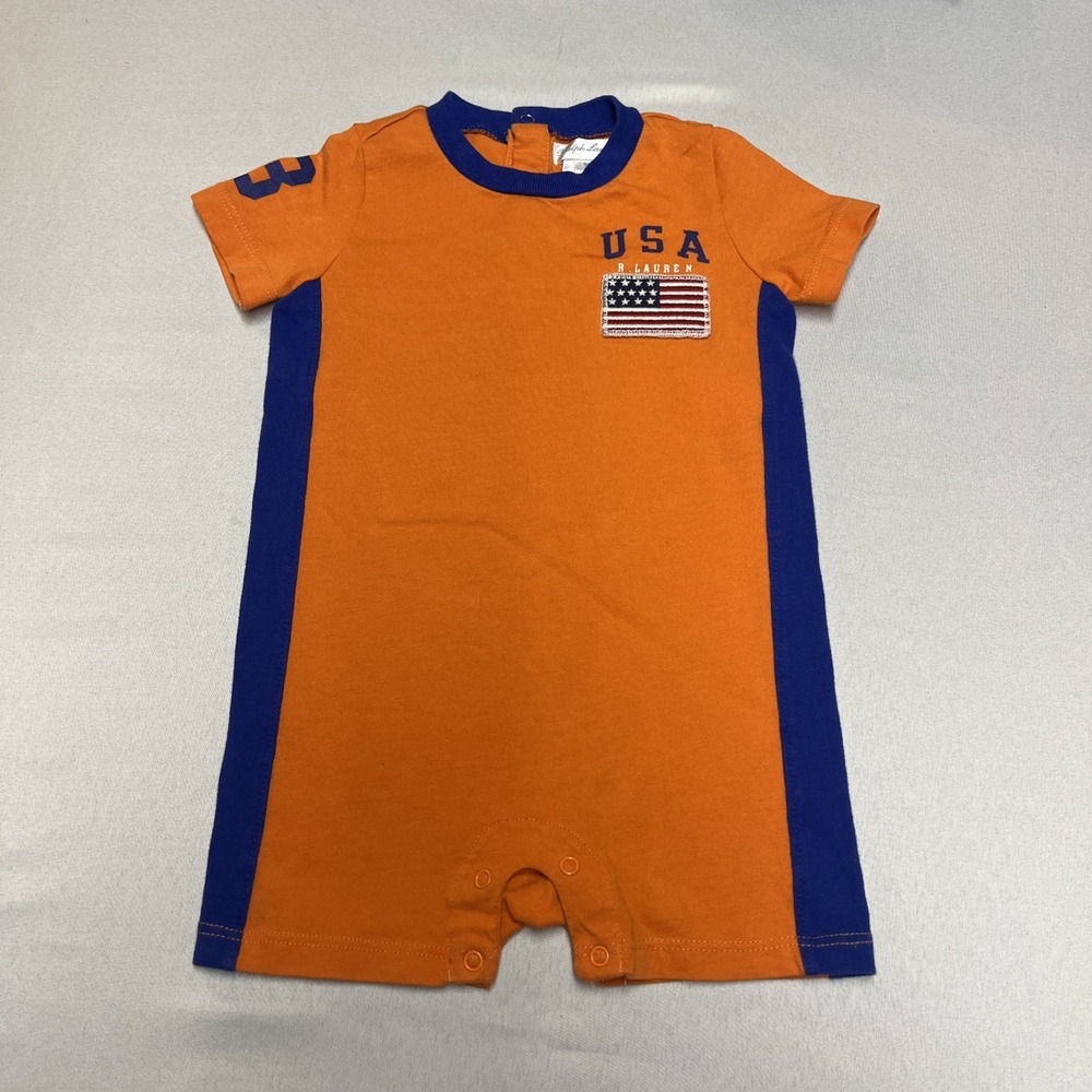 Ralph‎ Lauren Baby Boys Orange/Blue USA Flag Romper  Size 9 Months
